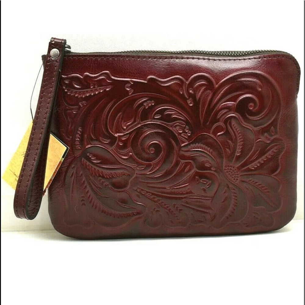 NWT Patricia Nash Cassini Tooled Leather Wristlet Clutch Hand bag Oxblood 6